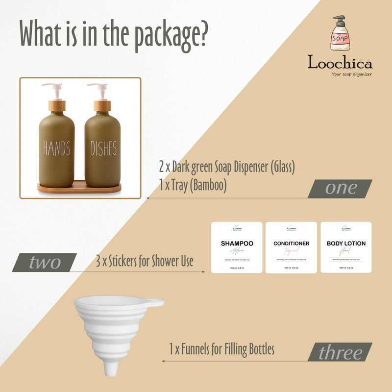 Loochica 2 Pack Sage Green Glass Soap Dispenser Set with Tray, Hand and Dish Glass Soap Dispensers for Kitchen Sink, Kitchen Soap Dispenser Set Suitable for Kitchen Décor - Image 2